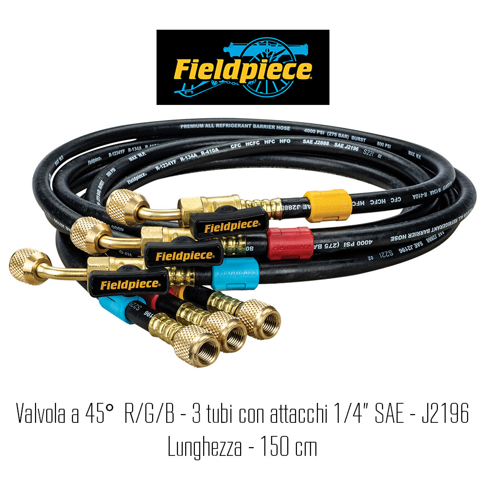 Kit n° 3 tubi originali di carica Fieldpiece a quadruplo strato, con valvola a 45° R/G/B - attacchi 1/4" SAE - J2196 L - 150 cm - codice Fieldpiece HR3B